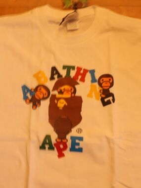 Bape White Tee with Multicolor Logo Ape Graphic